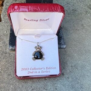 STERLING SILVER MARCASITE ONYX BEAR PENDANT NECKLACE